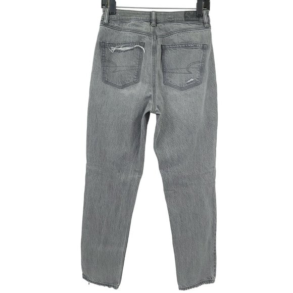 American Eagle Ankle Mom Jeans Sz 4 Gray Denim High Rise Waist Distressed Ripped - Picture 2 of 9